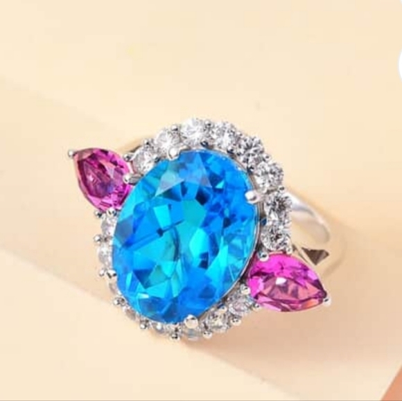 Caribbean Quartz Ring in Platinum over 925. Size 7! NEW - Picture 6 of 15